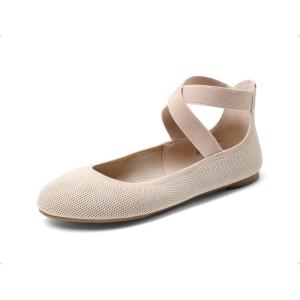 DREAM PAIRS Women’s Comfortable Fashion Elastic Ankle Straps Flats Shoes(Nude-knit)
