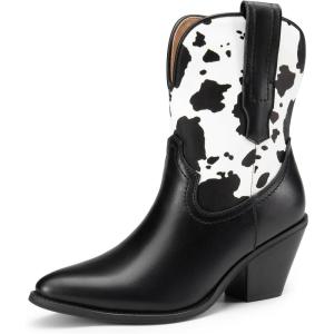 DREAM PAIRS Women’s Cowboy Ankle Boots Western Booties Low Heel Pointed Toe Cowgirl Boots(Black/Cow)