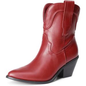 DREAM PAIRS Women’s Cowboy Ankle Boots Western Booties Low Heel Pointed Toe Cowgirl Boots(Red)