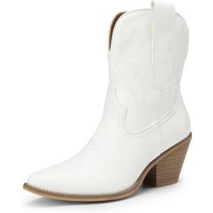 DREAM PAIRS Women’s Cowboy Ankle Boots Western Booties Low Heel Pointed Toe Cowgirl Boots(White-embroidery)