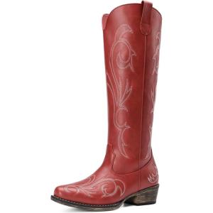 DREAM PAIRS Womens Cowboy Boots Comfortable Cowgirl Knee High Boots Pull On Side Zipper Chunky Heel Embroidered Western Boots(Red)