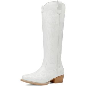 DREAM PAIRS Womens Cowboy Boots Comfortable Cowgirl Knee High Boots Pull On Side Zipper Chunky Heel Embroidered Western Boots(White)