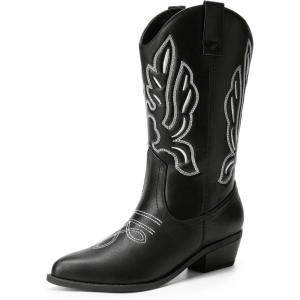 DREAM PAIRS Women’s Cowboy Boots Mid Calf Cowgirl Boots Embroidery Stitched Western Boots(Black-pu)