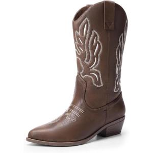 DREAM PAIRS Women’s Cowboy Boots Mid Calf Cowgirl Boots Embroidery Stitched Western Boots(Brown-pu)