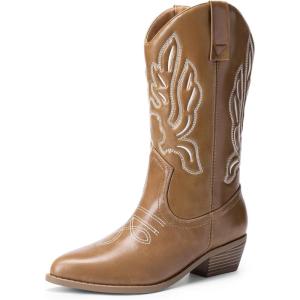 DREAM PAIRS Women’s Cowboy Boots Mid Calf Cowgirl Boots Embroidery Stitched Western Boots(Light Brown-pu)