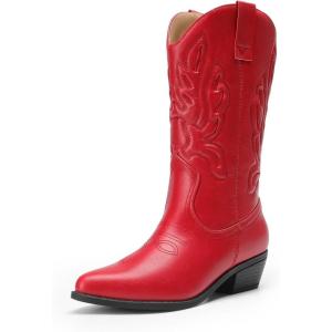 DREAM PAIRS Women’s Cowboy Boots Mid Calf Cowgirl Boots Embroidery Stitched Western Boots(Red)