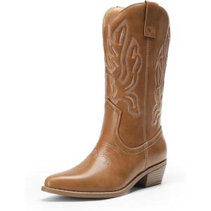 DREAM PAIRS Women’s Cowboy Boots Mid Calf Cowgirl Boots Embroidery Stitched Western Boots(Tan)