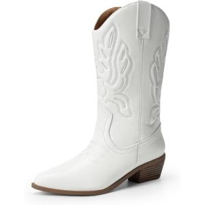 DREAM PAIRS Women’s Cowboy Boots Mid Calf Cowgirl Boots Embroidery Stitched Western Boots(White-pu)