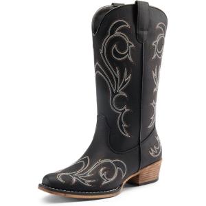 DREAM PAIRS Women’s Cowboy Boots Mid Calf Cowgirl Boots Square Toe Chunky Heel Embroidery Stitched Western Boots(Black)