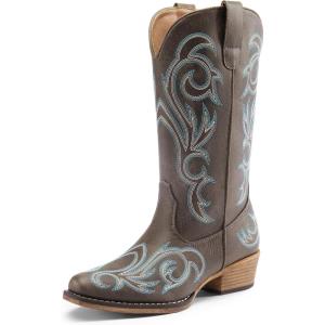 DREAM PAIRS Women’s Cowboy Boots Mid Calf Cowgirl Boots Square Toe Chunky Heel Embroidery Stitched Western Boots(Brown)