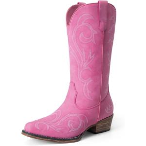 DREAM PAIRS Women’s Cowboy Boots Mid Calf Cowgirl Boots Square Toe Chunky Heel Embroidery Stitched Western Boots(Pink)