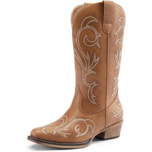 DREAM PAIRS Women’s Cowboy Boots Mid Calf Cowgirl Boots Square Toe Chunky Heel Embroidery Stitched Western Boots(Tan)