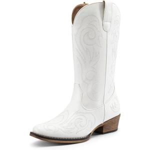 DREAM PAIRS Women’s Cowboy Boots Mid Calf Cowgirl Boots Square Toe Chunky Heel Embroidery Stitched Western Boots(White)