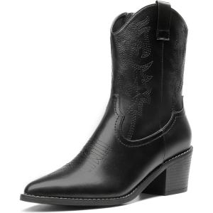 DREAM PAIRS Women’s Cowboy Boots, Pointed Toe Chunky Heel, Zipper Pull-On Stitched Western Ankle Boots(Black)