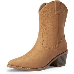 DREAM PAIRS Women’s Cowboy Boots, Pointed Toe Chunky Heel, Zipper Pull-On Stitched Western Ankle Boots(Khaki-pu)