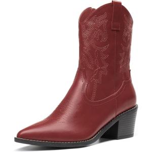 DREAM PAIRS Women’s Cowboy Boots, Pointed Toe Chunky Heel, Zipper Pull-On Stitched Western Ankle Boots(Red)
