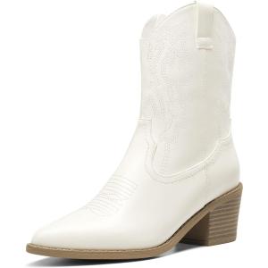 DREAM PAIRS Women’s Cowboy Boots, Pointed Toe Chunky Heel, Zipper Pull-On Stitched Western Ankle Boots(White)