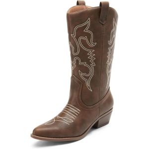 DREAM PAIRS Women’s Cowboy Boots Pull On Cowgirl Boots Mid Calf Western Boots, Available in Regular and Wide Calf(Brown-pu)