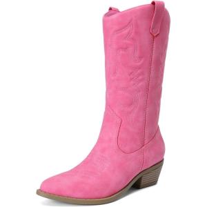 DREAM PAIRS Women’s Cowboy Boots Pull On Cowgirl Boots Mid Calf Western Boots, Available in Regular and Wide Calf(Hot Pink)