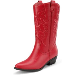 DREAM PAIRS Women’s Cowboy Boots Pull On Cowgirl Boots Mid Calf Western Boots, Available in Regular and Wide Calf(Red)