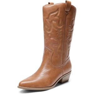 DREAM PAIRS Women’s Cowboy Boots Pull On Cowgirl Boots Mid Calf Western Boots, Available in Regular and Wide Calf(Tan)
