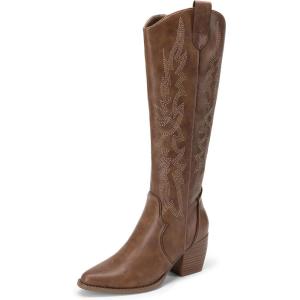 DREAM PAIRS Womens Cowboy Boots Wide Calf Comfortable Pull On Zipper Chunky Heel Pointed Toe Embroidered Western Cowgirl Knee High Boots Ladies Retro Tall Boot(Light Brown)