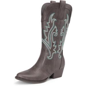 DREAM PAIRS Women’s Cowboy Cowgirl Boots Embroidered Pointed Toe Low Heel Western Mid Calf Boot for Theme Party Country Concert(Dark Brown)