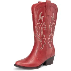 DREAM PAIRS Women’s Cowboy Cowgirl Boots Embroidered Pointed Toe Low Heel Western Mid Calf Boot for Theme Party Country Concert(Red)