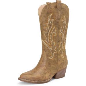DREAM PAIRS Women’s Cowboy Cowgirl Boots Embroidered Pointed Toe Low Heel Western Mid Calf Boot for Theme Party Country Concert(Tan)