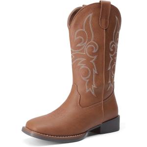 DREAM PAIRS Women’s Cowboy Cowgirl Boots Embroidered Square Toe Mid Calf Western Boots Fashion Dress Chunky Low Heel Shoes for Theme Party Country Concert(Tan)