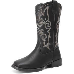DREAM PAIRS Women’s Cowboy Cowgirl Boots Embroidered Square Toe Mid Calf Western Boots Fashion Dress Chunky Low Heel Shoes for Theme Party Country Concert(Black)