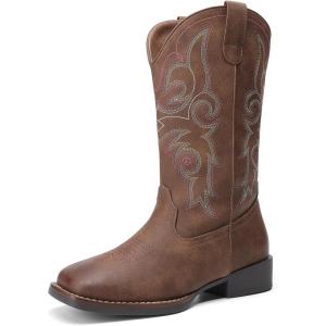 DREAM PAIRS Women’s Cowboy Cowgirl Boots Embroidered Square Toe Mid Calf Western Boots Fashion Dress Chunky Low Heel Shoes for Theme Party Country Concert(Dark Brown)