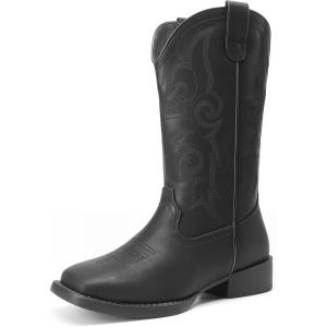 DREAM PAIRS Women’s Cowboy Cowgirl Boots Embroidered Square Toe Mid Calf Western Boots Fashion Dress Chunky Low Heel Shoes for Theme Party Country Concert(All Black)