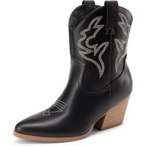 DREAM PAIRS Women’s Cowboy Cowgirl Boots Embroidered Stitched Short Western Boots Low Chunky Heel Pointed Toe Ankle Booties(Black)
