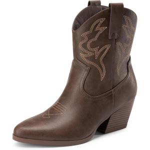 DREAM PAIRS Women’s Cowboy Cowgirl Boots Embroidered Stitched Short Western Boots Low Chunky Heel Pointed Toe Ankle Booties(Brown)