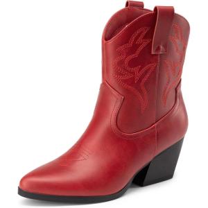 DREAM PAIRS Women’s Cowboy Cowgirl Boots Embroidered Stitched Short Western Boots Low Chunky Heel Pointed Toe Ankle Booties(Red)