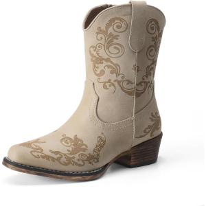 DREAM PAIRS Women’s Cowboy Cowgirl Western Ankle Boots Low Chunky Heels Square Toe Fall Short Booties Shoes(Beige)