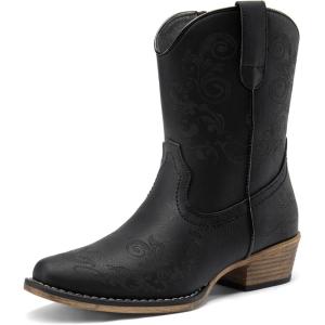 DREAM PAIRS Women’s Cowboy Cowgirl Western Ankle Boots Low Chunky Heels Square Toe Fall Short Booties Shoes(Black)