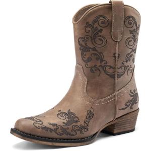 DREAM PAIRS Women’s Cowboy Cowgirl Western Ankle Boots Low Chunky Heels Square Toe Fall Short Booties Shoes(Brown)