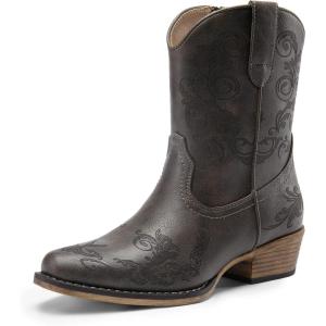 DREAM PAIRS Women’s Cowboy Cowgirl Western Ankle Boots Low Chunky Heels Square Toe Fall Short Booties Shoes(Grey)