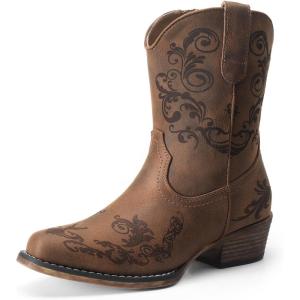 DREAM PAIRS Women’s Cowboy Cowgirl Western Ankle Boots Low Chunky Heels Square Toe Fall Short Booties Shoes(Tan)