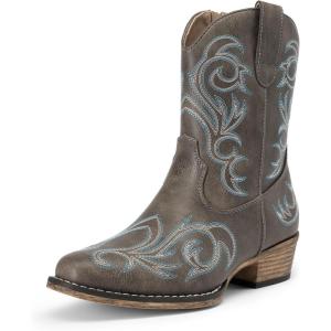 DREAM PAIRS Women’s Cowboy Cowgirl Western Boots Embroidered Stitched Ankle Boots Square Toe Chunky Heel Fashion Short Booties with Zipper(Brown)