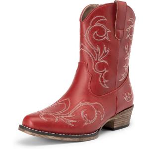DREAM PAIRS Women’s Cowboy Cowgirl Western Boots Embroidered Stitched Ankle Boots Square Toe Chunky Heel Fashion Short Booties with Zipper(Red)