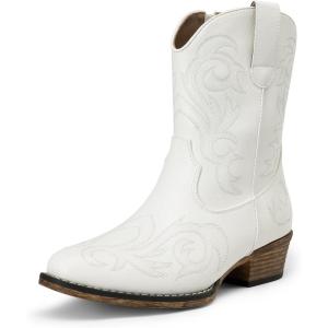 DREAM PAIRS Women’s Cowboy Cowgirl Western Boots Embroidered Stitched Ankle Boots Square Toe Chunky Heel Fashion Short Booties with Zipper(White)