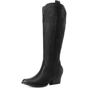DREAM PAIRS Womens Cowboy Knee High Boots Comfortable Pull On Side Zipper Chunky Heel Embroidered Western Cowgirl Boots Retro Tall Boot(All Black)