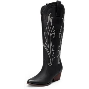 DREAM PAIRS Womens Cowboy Knee High Boots Comfortable Pull On Side Zipper Chunky Heel Embroidered Western Cowgirl Boots Retro Tall Boot(Black)