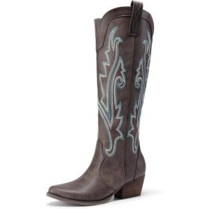 DREAM PAIRS Womens Cowboy Knee High Boots Comfortable Pull On Side Zipper Chunky Heel Embroidered Western Cowgirl Boots Retro Tall Boot(Brown)