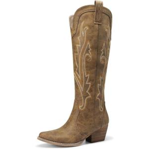 DREAM PAIRS Womens Cowboy Knee High Boots Comfortable Pull On Side Zipper Chunky Heel Embroidered Western Cowgirl Boots Retro Tall Boot(Tan)