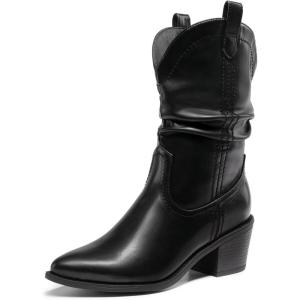 DREAM PAIRS Women’s Cowgirl Boots, Mid Calf Western Cowboy Chunky Heel Boots, Slouchy & Pull-on Ankle Booties for women(Black)