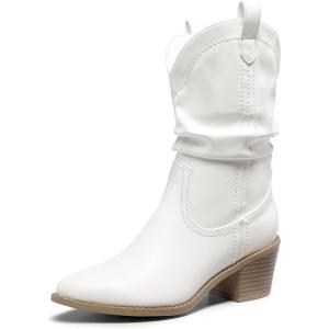 DREAM PAIRS Women’s Cowgirl Boots, Mid Calf Western Cowboy Chunky Heel Boots, Slouchy & Pull-on Ankle Booties for women(White)